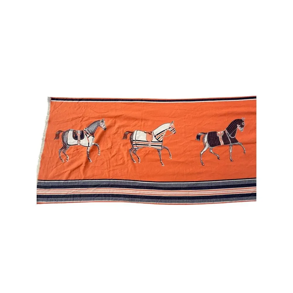 Horse Equestrian Pashmina Scarf - Orange/Blue/Beige